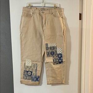 LOGO by Lori Goldstein Tan and Blue Patchwork Cropped Jeans